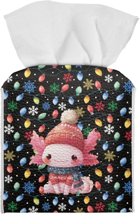 Christmas Axolotl Tissue Box Cover with Buttons Square PU Leather Tissue Facial Paper Dispenser for Night Stands, Office Desk, Bathroom Modern Napkin Facial Paper Organizer, 5.1x5.1 Inch