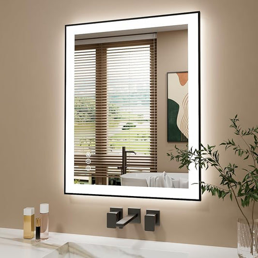 24x30 Inch LED Bathroom Mirror with Black Frame, Backlit and Front Lighted Bathroom Mirrors for Wall, Anti-Fog, Dimmable, Memory, Shatterproof, LED Vanity Mirror for Bathroom