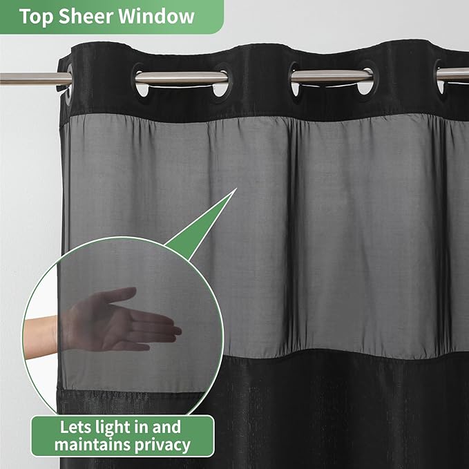 Black No Hook Shower Curtain with Snap-in Fabric Liner Set,Slub Textured Fabric Shower Curtains for Bathroom,Hotel Style Modern Shower Curtain,Water Repellent & Washable,71x77(75)