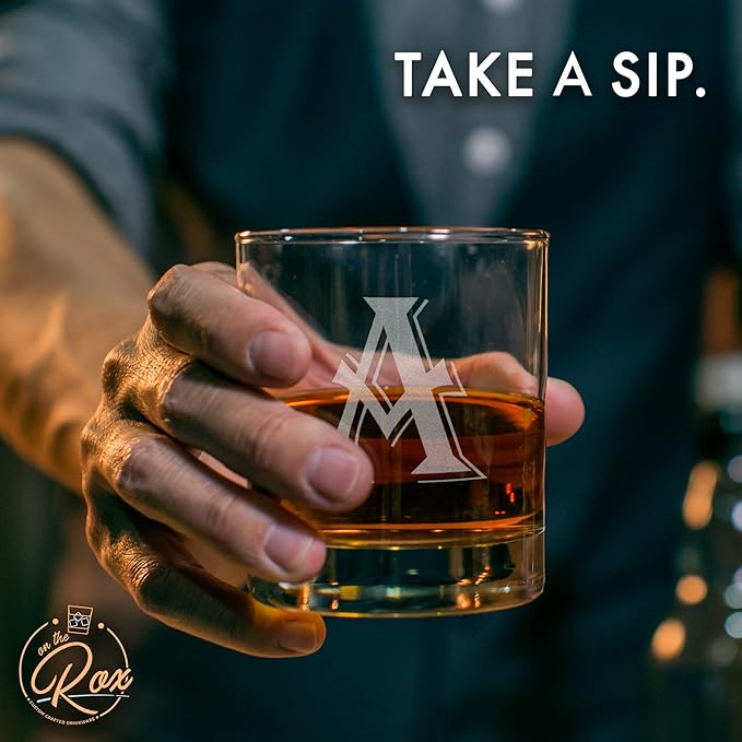 Monogrammed Gifts for Men - 4PC 11 Oz Custom Whiskey Glasses (A-Monogram) - Engraved Whiskey Glasses - Personalized Whiskey Glasses - Unique Bourbon Glasses - Personalized Glass Gifts for Dad