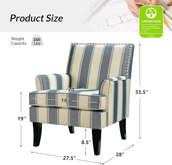 HULALA HOME Modern Accent Chairs Set of 2, Farmhouse High Back Striped Chairs with Wooden Legs & Nail Head Trim, Comfy Upholstered Armchairs for Living Room/Bedroom (Stripe Blue)