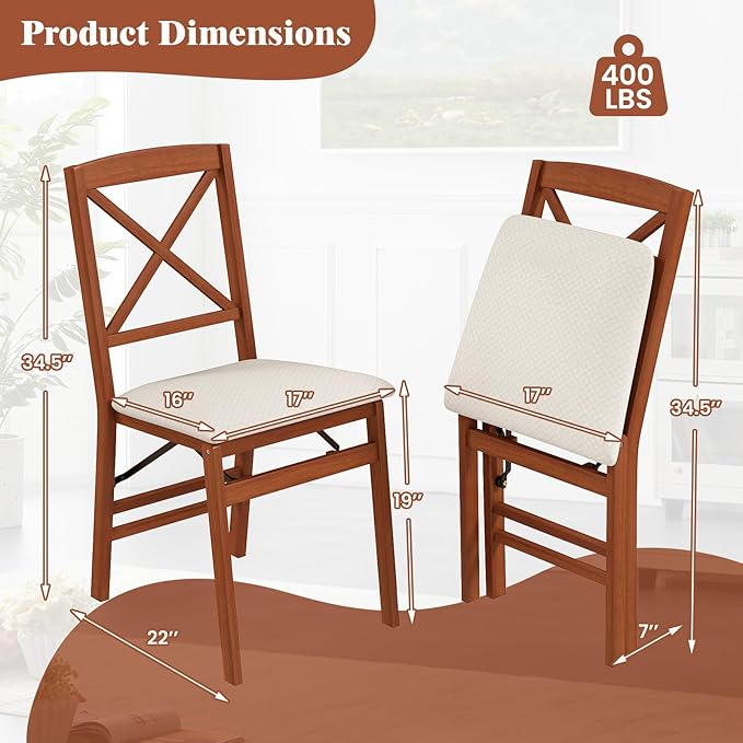 COSTWAY Folding Dining Chairs Set of 4, Upholstered Wooden Dining Room Chairs with X-Shaped Back, 400LBS Capacity and Solid Wood Frame for Kitchen Apartment (Brown & Beige)