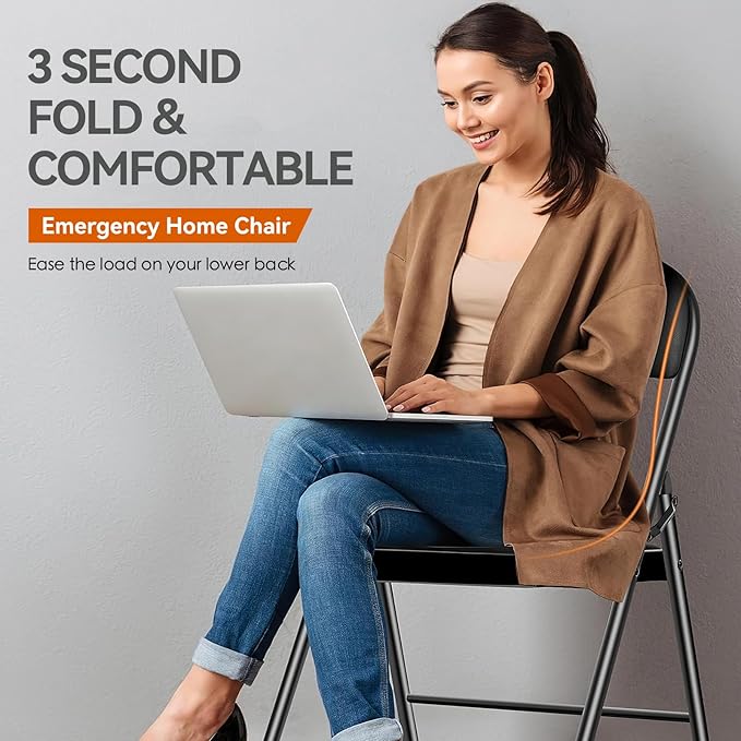 6 Pack Folding Chairs with Paded Cushion - Metal Chair with Sturdy Steel Frame 450lb Capacity and Comfortable Seat Heavy Duty Foldable Chair for Indoor/Outdoor Party, Wedding, Event(Black)