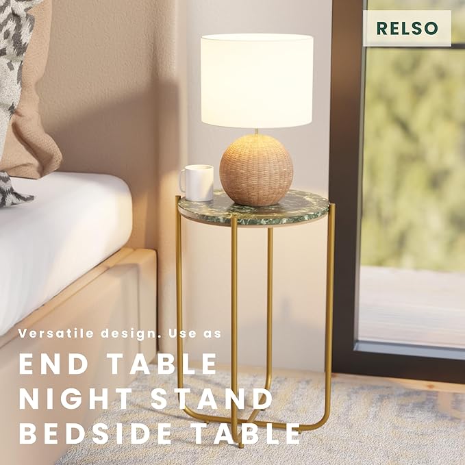 Relso Urdhva End Table – 24" Tall Round Side Table with Real Green Marble Top & Gold Metal Frame | Luxury Accent Table or Plant Stand for Living Rooms, Modern Homes, & Small Spaces