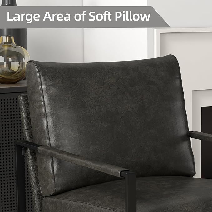 INZOY Leather Accent Chair with Metal Frame Set of 2, Comfy Living Room Chair with Plump Backrest and Cushion, Mid Century Modern Chair with Sturdy Structure, Easy to Clean, Dark Grey