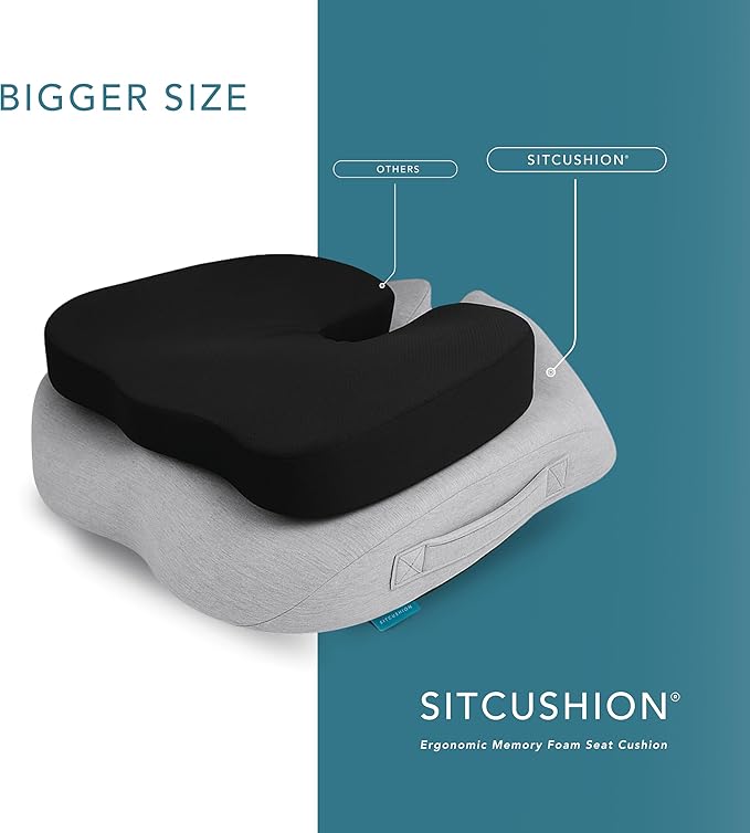 Pressure Relief Seat Cushion for Tailbone Pain - X Large Office Chair Cushion for Back Pain, Coccyx & Sciatica Pain Relief Pillow. Memory Foam Seat Cushions for Office Chairs. Extra Cover (Black)