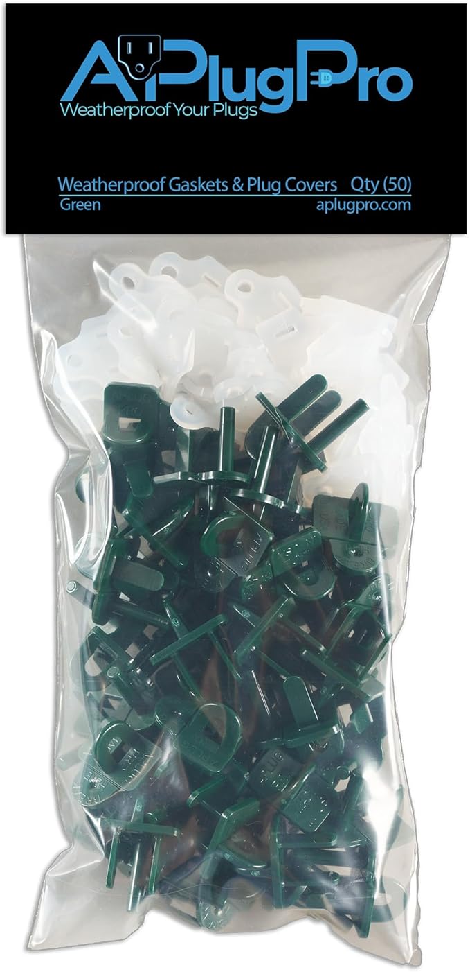 The Original Weatherproof Gaskets & Plug Covers - Made in USA, Outdoor Waterproof GFCI Protectors, Christmas Light Installation, Extension Cords, Stop GFCIs from Tripping (Green, Qty 50) - by APlugPro