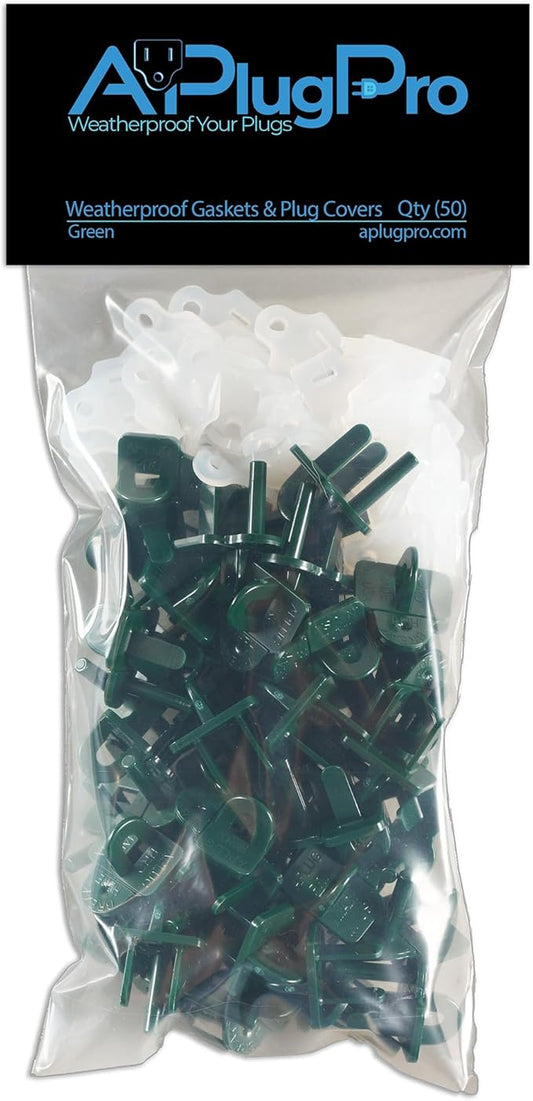 The Original Weatherproof Gaskets & Plug Covers (Bulk) - Made in USA, GFCI Trip Protector, Christmas Light, Waterproof Extension Cord Gasket Plug Covers (Green - 50 Gaskets/Pack, 5 Packs) - APlugPro