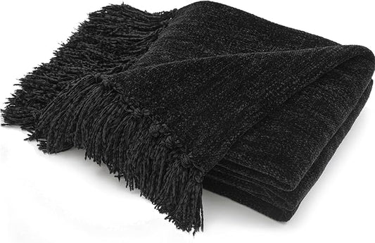 RECYCO Throw Blanket Soft Cozy Chenille Throw Blanket with Fringe Tassel for Couch Sofa Chair Bed Living Room Gift (Black, 60" x 80")