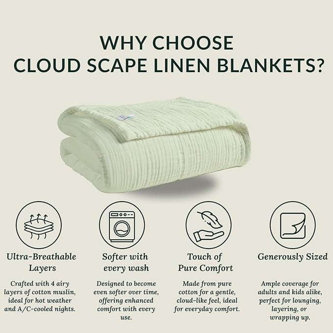 Cloud Scape Linen Extra Large 4 Layer Muslin Throw Blanket - 100% Cotton Gauze, Lightweight & Breathable All Season, Pre-Washed, for Couch & Bed, 50x70, Seafoam Green