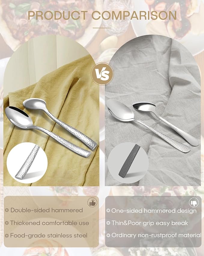 65-Piece Silverware Set with Serving Utensils, Ollex Durable Stainless Steel Hammered Flatware Set for 12 with Knives Forks Spoons Large Serving utensil Set for Home Restaurant, Dishwasher Safe