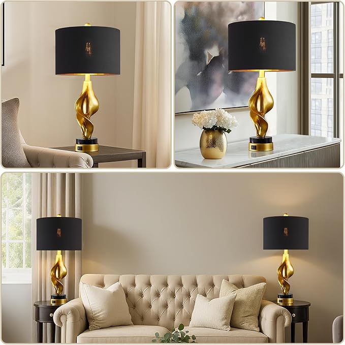 25.5'' Set of 2 Modern Table Lamps for Living Room Bedroom, Gold Leaf Sculptural Bedside Lamps with Marble Base and USB C+A Ports for Office End Tables Nightstand, 2 Bulbs Included