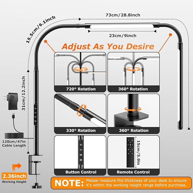 LED Desk Lamp for Home Office, Eye-Caring Desk Light with Adjustable Gooseneck, Dual Screen Computer Monitor Light with Stepless Dimming, Stepless Color Temp, Memory Function for Study, Workbench