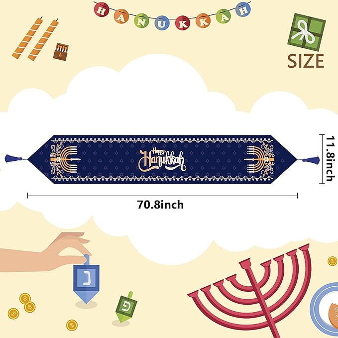 Wehhbtye 2 Pack Hanukkah Table Runner -12 x71 Jewish Chanukah Table Decoration with Tassels -Table Runner Dresser Scarves for Table Dinner Holiday Party (Hanukkah Table Runner, 2)