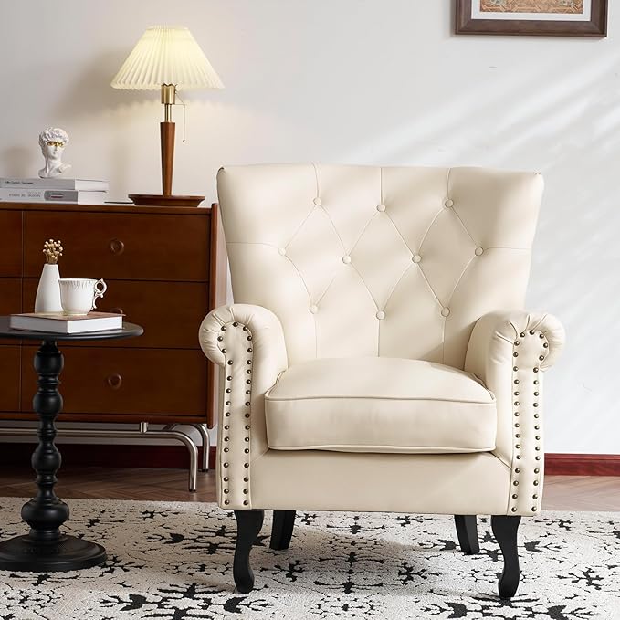 Modern Faux Leather Accent Chair, Upholstered Mid-Century Armchair with Solid Wood Legs, Single Sofa Chair for Living Room, Bedroom, or Reading Room（Ivory White）
