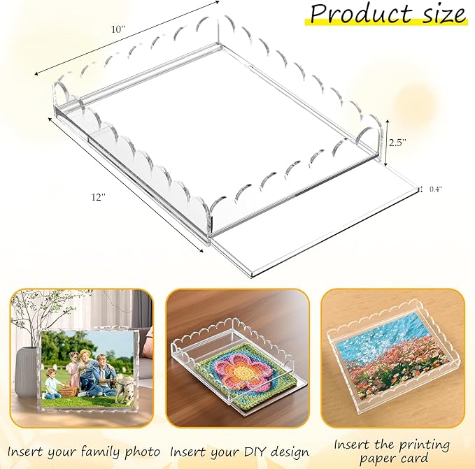 Acrylic Tray with Slide-Out Drawer, 10"×12" Decorative Acrylic Tray Organizer for Art Display, Customized Picture Frames for Needlepoint, Fabric or Photos, Large Clear Drawers