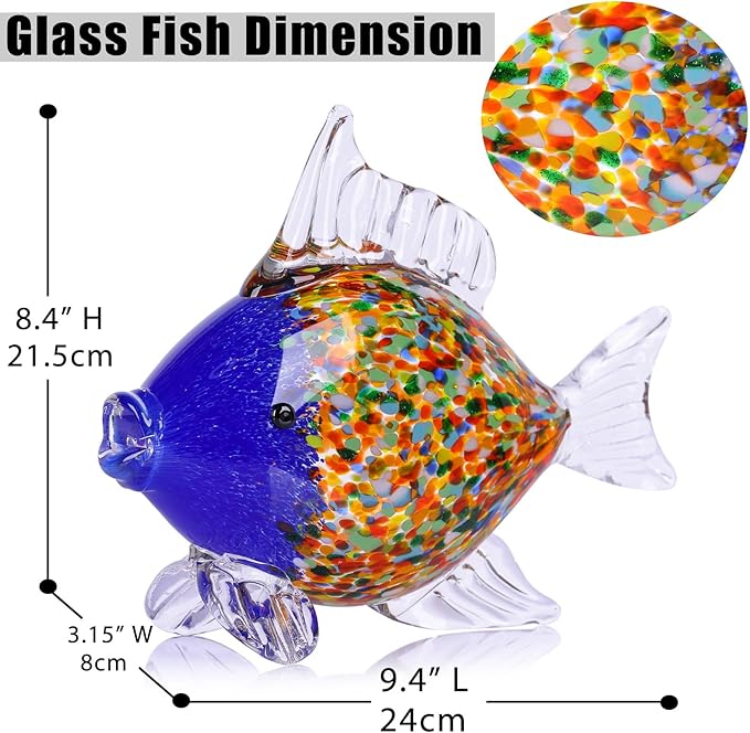 9.4 in Blown Colored Glass Fish Statue, Blue Glass Fish Paperweight Sculpture for Modern Home Decor, Living Room Coffee Table, Office Desk, Dining Table Centerpiece, and Window Display (G)