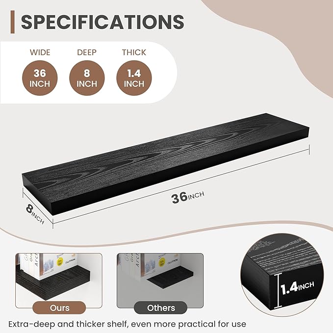 36 Inch Floating Shelves, 8 Inch Deep Floating Shelves for Wall, Hanging Shelf with Invisible Brackets, Deep Shelves for Bathroom, Bedroom, Living Room, Black, Set of 2
