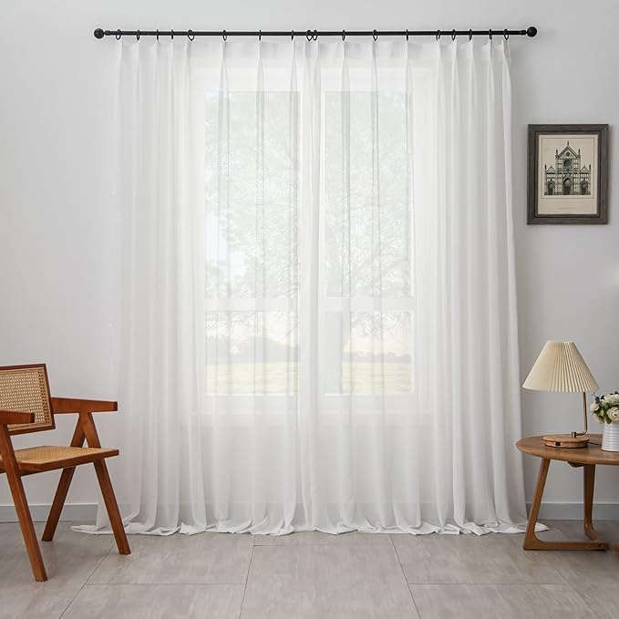 Off White Sheer Curtains 96 inch Length for Living Room Pinch Pleated Sheer White Curtains for Farmhouse Curtain for Bedroom Track Hooks Chiffon Curtain, 1 Panel, 40" W x 96" L