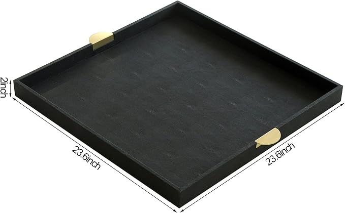 HofferRuffer Extra Large Square Serving Tray, Elegant Faux Leather Ottoman Tray with Gold Hardware Handles, Serve Tea, Coffee or Breakfast in Bed, 23.6 x 23.6 inches, Black Large Square