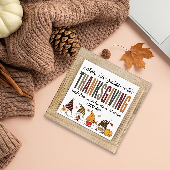 Thanksgiving Decoration, Enter His Gate with Thanksgiving Sign, Farmhouse Front Door Decor, Living Room Decors, Wooden Decorative Fall Sign, Housewarming Decors, Hostess Gift, 5.9X5.9X0.7inches