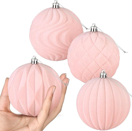 4 Pcs 4 Inch Large Velvet Christmas Ball Ornaments Vintage Christmas Plastic Ball Ornaments Flocked Tree Hanging Decoration for Xmas Party Wedding Home Decor(Pink)