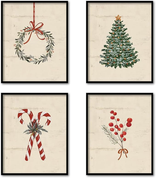TFKFJLF Vintage Christmas Tree Wall Art Poster Decor, Candy Cane Painting Pictures Decor Wall Art, Rustic Christmas Decorations for Bedroom Bathroom Living Room Office, Unframed 8x10in Set of 4