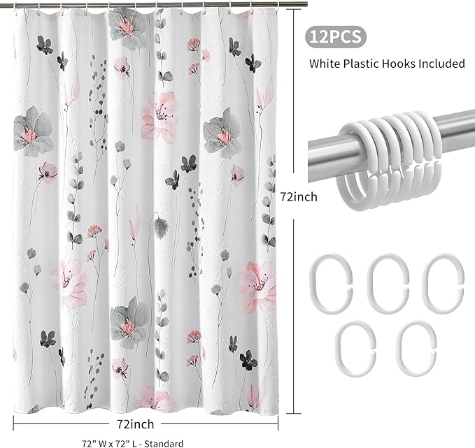QiyI Watercolor Floral Shower Curtain, 3D Embossed Butterflies Grey Pink Flower Bathroom Curtain, Minimalist White Cloth Bath Curtain, Waterproof Fabric Textured Shower Curtain Set with Hooks, 72x72