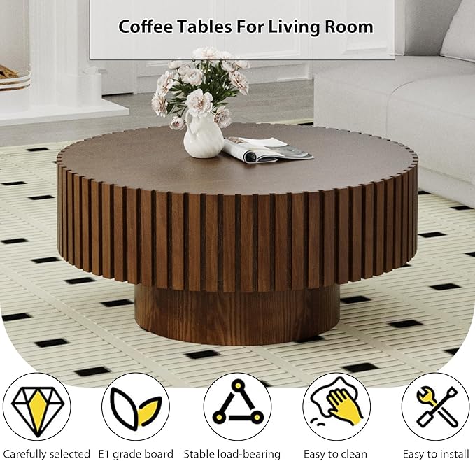 Round Fluted Coffee Table Mid Century Modern Coffee Tables with Handcrafted Relief Circle Drum End Table Rustic Industrial Center Tables for Apartment Living Room (Brown Round)