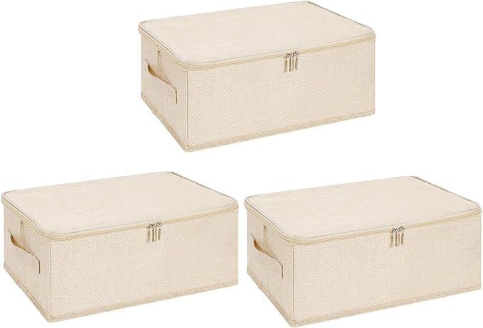 ANMINY 3PCS Storage Bins with Zipper Lids 13 Qt Lidded Fabric Storage Boxes Baskets Cubes with Handles Collapsible Washable Cotton Linen Closet Shelf Clothes Organizer Containers - Beige, Small