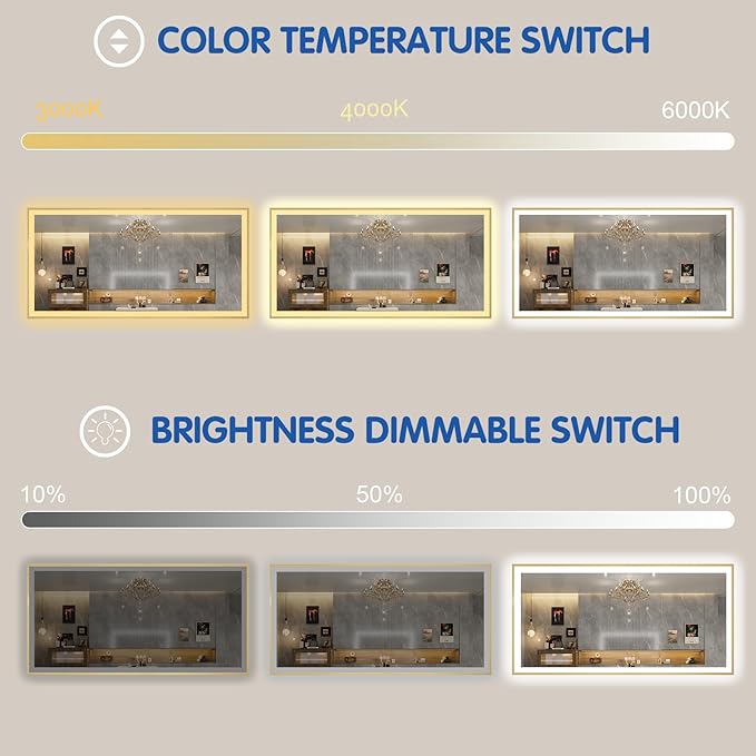 60x28 LED Bthroom Mirror with Gold Metal Frame, Dimmable Lighted Mirror with Backlit and Front-lit,LED Vanity Mirror for Wall, Memory Function, Tempered Glass, Anti-Fog