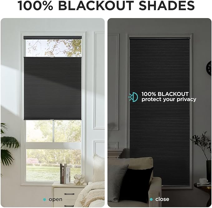 Joydeco No Tools No Drill Blinds for Indoor Windows, Cordless Window Blinds Cellular Shades Top Down Bottom Up Blackout Honeycomb Blinds Thermal Insulated Noise Reduction (Black, Custom Size)