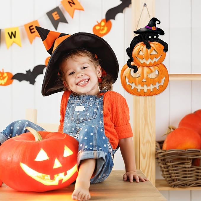 HPNIUB Black Cat Halloween Plaque, Cute & Scary Wooden Sign for Front Door Decor - 9.4x15.3 Inch