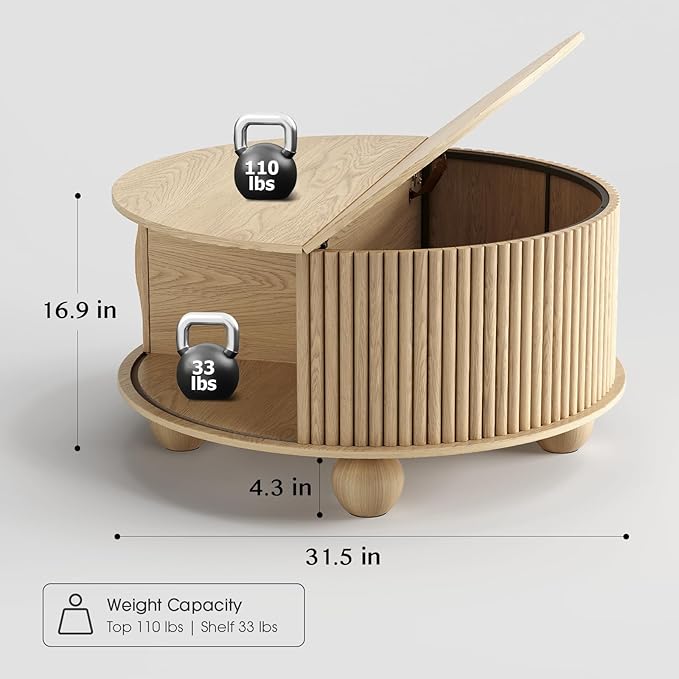 Round Coffee Table with Storage,31.5" Modern Coffee Table with Sliding Tambour Door & Bun Feet,Fluted Center Table for Living Room, Small Space,Oak
