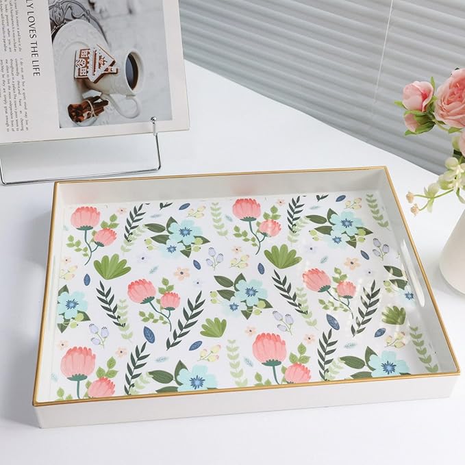 Rectangle Serving Tray with Handles, Coffee Table Tray for Ottoman, Organizer Vanity Tray for Living Room, Outdoor Tray for Patio Entertaining, Serving Breakfast Kitchen Platter LEE3040WH