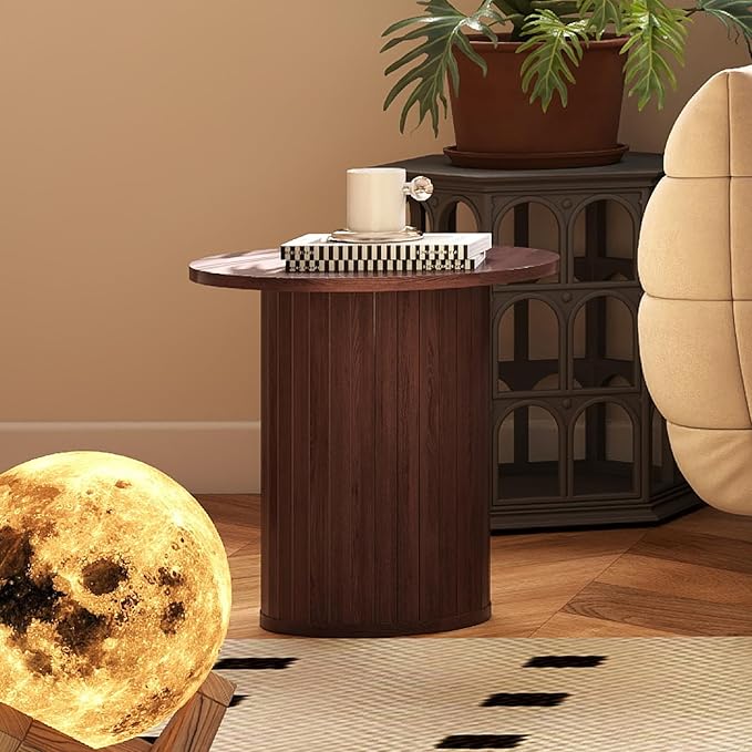 Round Wood Fluted End Table, 15.7“ Circle Farmhouse Side Table Sets for Living Room, Bedroom, Balcony, Small Spaces, Walnut