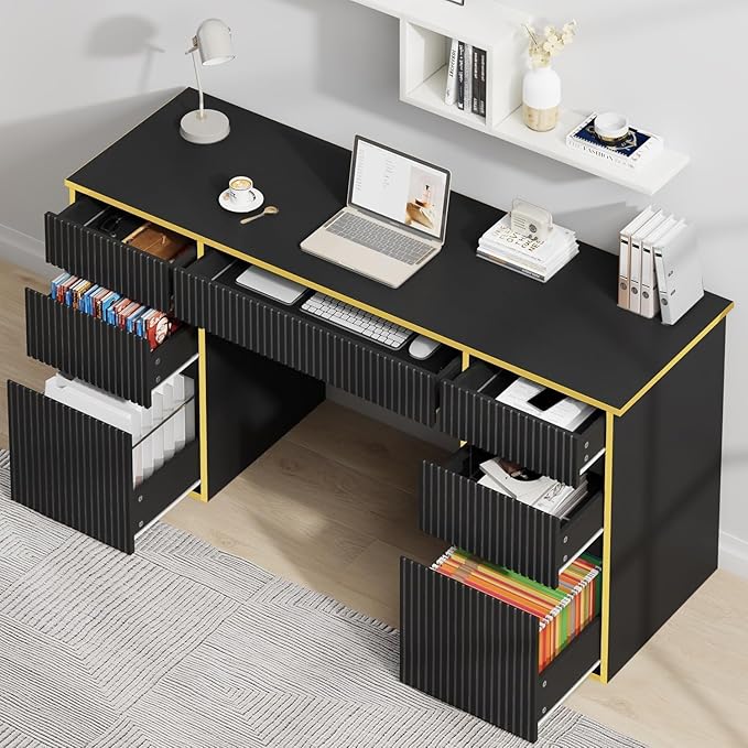 58 Inch Computer Desk with Drawers, Home Office Desk with File Drawers, Fluted Executive Desk with Storage for Study Writing, Living Room, Bedroom, Black and Gold
