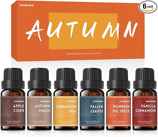 AmaKane Fall Fragrance Oil, Autumn Essential Oils for Diffuser, Soap Candle Making Scents, Pumpkin Pie Spice, Vanilla Cinnamon, Apple Cider, Fallen Leaves, Autumn Magic, Cinnamon Chai, 6x10 ml