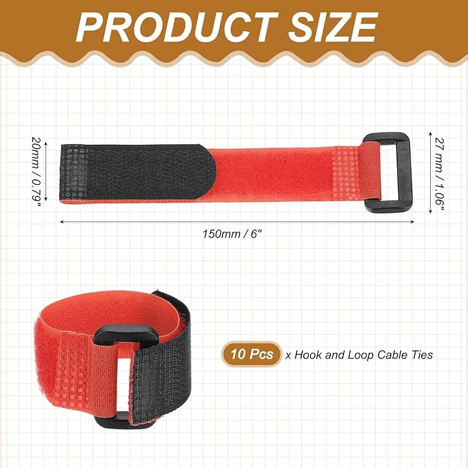 PATIKIL 6 x 0.79 Inch Reusable Cable Ties 10 Pcs Adjustable Hook and Loop Straps Cord Management Wire Wrap Cord Ties Organizer for Home Office Cables, Red