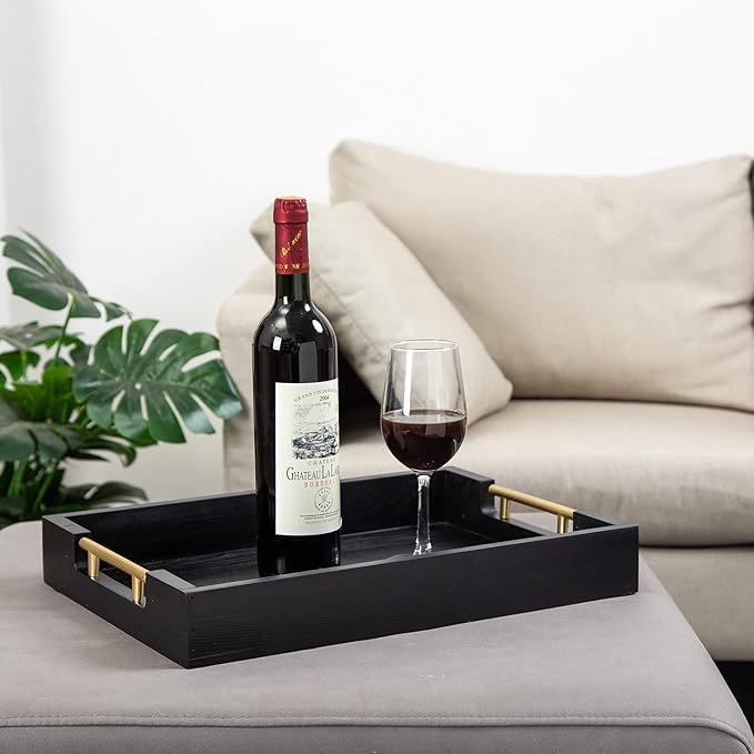 Decorative Coffee Table Ottoman Trays Modern Wood Elegant 16"x12" Rectangle Glossy Shagreen Serving Trays with Gold Metal Handles -Drinks, Liquor Serving Platter for All Occasion's(Black)