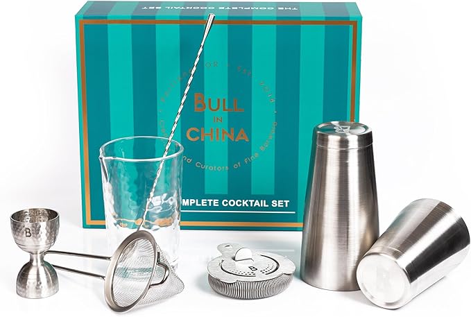 Shaken & Stirred Cocktail Set by Bull in China - Premium Bartender Gift Set w/ 2 Piece Weighted Shaker, Hammered Jigger, Hawthorne Strainer, Fine Mesh Strainer, Mixing Glass & Barspoon (Sliver)