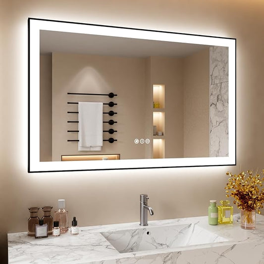 40x24 Inch LED Bathroom Mirror with Black Frame, Backlit and Front Lighted Bathroom Mirrors for Wall, Anti-Fog, Dimmable, Memory, Shatterproof, LED Vanity Mirror for Bathroom