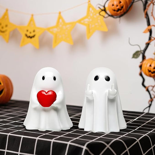 Halloween Ghost Figurine Decor - 2Packs Funny Middle Finger & Heart Hallowen Statue, Cute Spooky Ghosts Figurine Hallowee Decoration for Gift Props Tabletop Home Decor New Year's Gifts