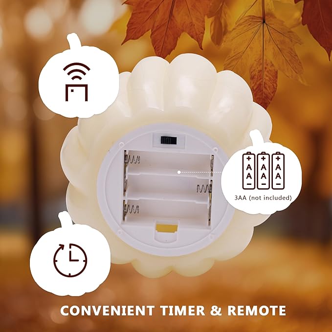 Fall Flameless Led Pumpkin Candles with Remote, Real Wax Pumpkin Shaped Battery Operated Flickering Candles with Timer for Thanksgiving Decor, Fall Home Decor, Halloween Decorations, Ivory