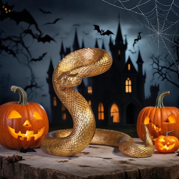 Guichifun Snake Statue Decor Collectible Figurines - Gold Resin Animal Chinese New Year Mascot Home Shelf Office Table Halloween Decoration 7.25 x 7.25 x 6.5 Inch