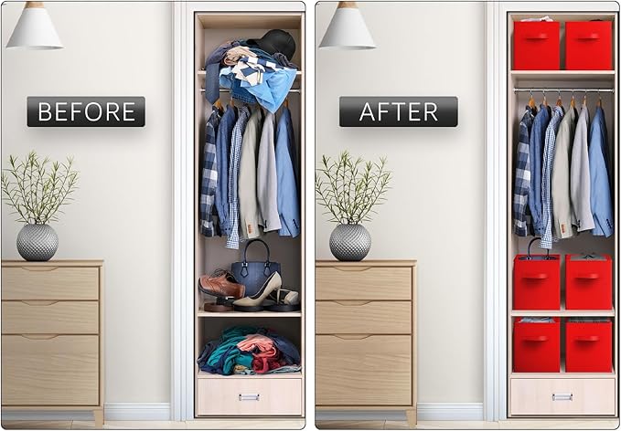 Sorbus Foldable Storage Cubes - 6 Fabric Baskets for Organizing Pantry, Shelf, Toy Box, Cubby, Closet Organizer - 11 Inch Collapsible Closet Organizers and Storage Bins - Red Storage Cubes with Handle