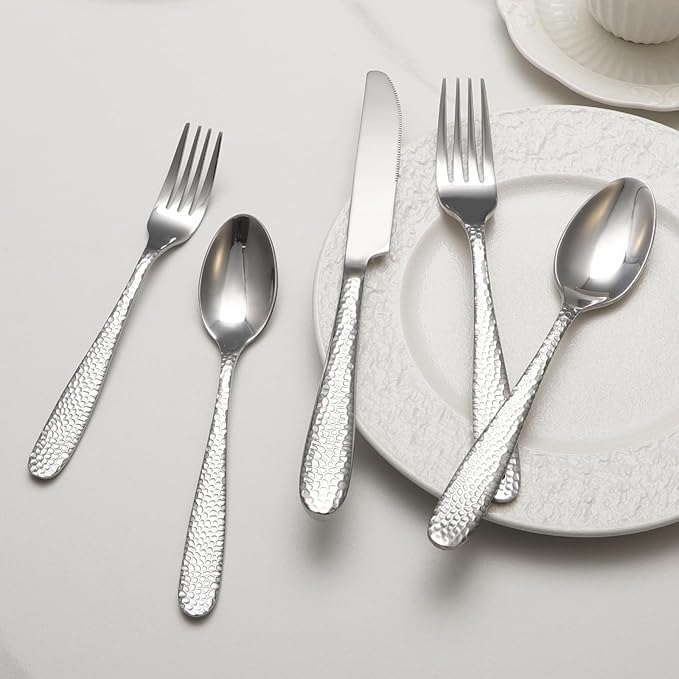 Hammered Silverware Set, 40 Piece Stainless Steel Heavy Duty Flatware Set for 8, Food-Grade Tableware Cutlery Set for Home Restaurant, Mirror Polished, Dishwasher Safe