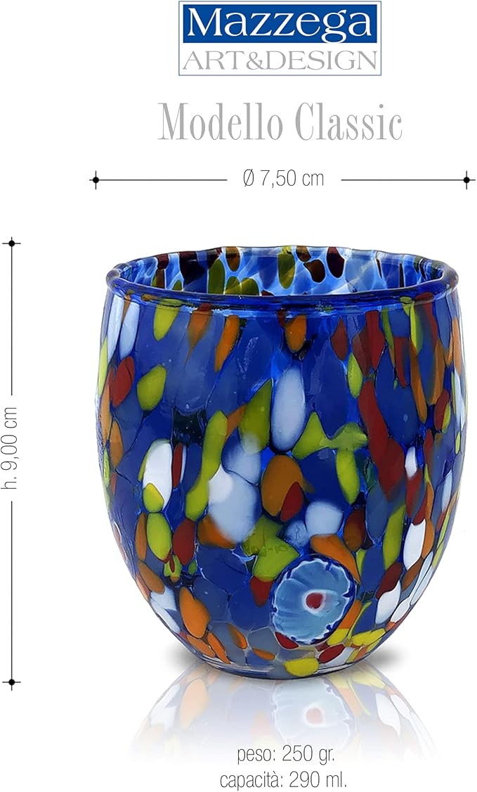 MAZZEGA ART & DESIGN - Set of 6 Handcrafted Blown Glass Water Glasses with Refined and Original Murano Murrine - The Colors of Murano - 'Classic 9,8 oz' Model. Made in Italy (6, Color Mix Gift Pack)
