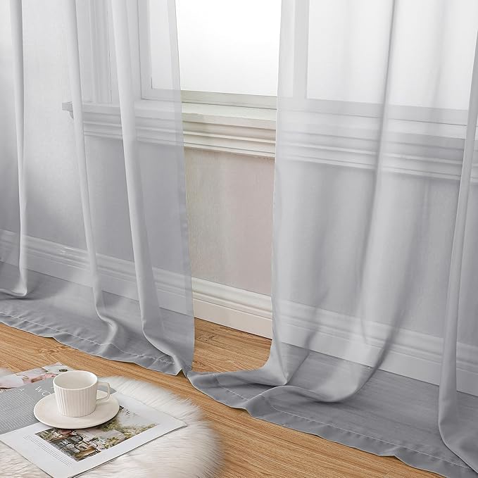 Aiyufeng Light Grey Sheer Window Curtains 84 Inches Long 2 PCS- Rod Pocket Living Room Curtain Panels Voile Textured Soft and Lightweight Window Treatments for Bedroom Decor, 40W x 84L Inches