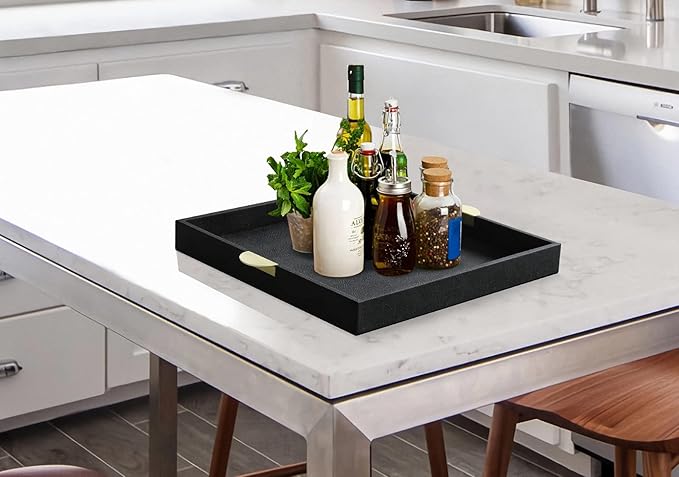 HofferRuffer Faux Leather Decorative Serving Tray, Elegant Coffee Table Ottoman Tray, Breakfast, Drinks, Liquor Serving Platter, Black Shagreen Finish with Gold Hardware Handle (Square)
